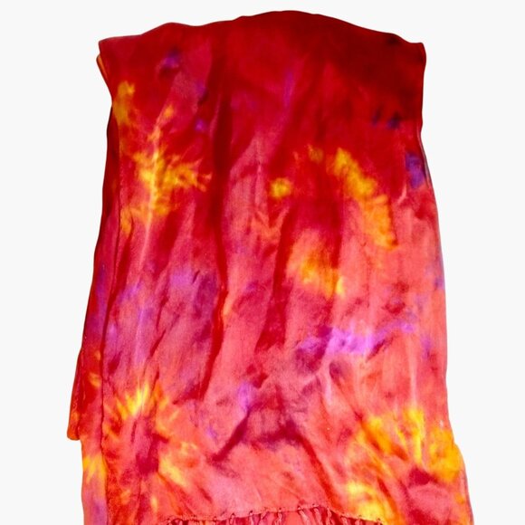 Vibrant Red Scarf Handcrafted Tie Dye Fringe Boho Festival Sunset - Picture 5 of 5